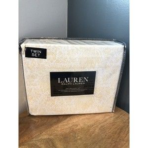 New Ralph Lauren Twin Sheet Set White Yellow Flower, Paisley Cotton
